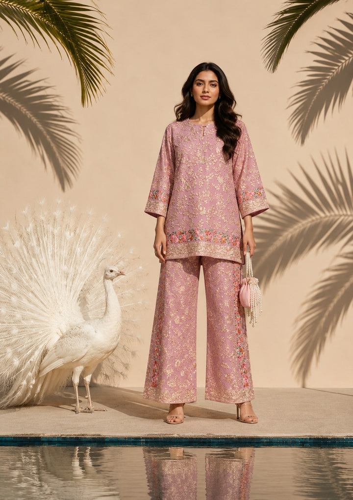 Reyna Gara Rose Dust Kurta with Slit Pant - Pink
