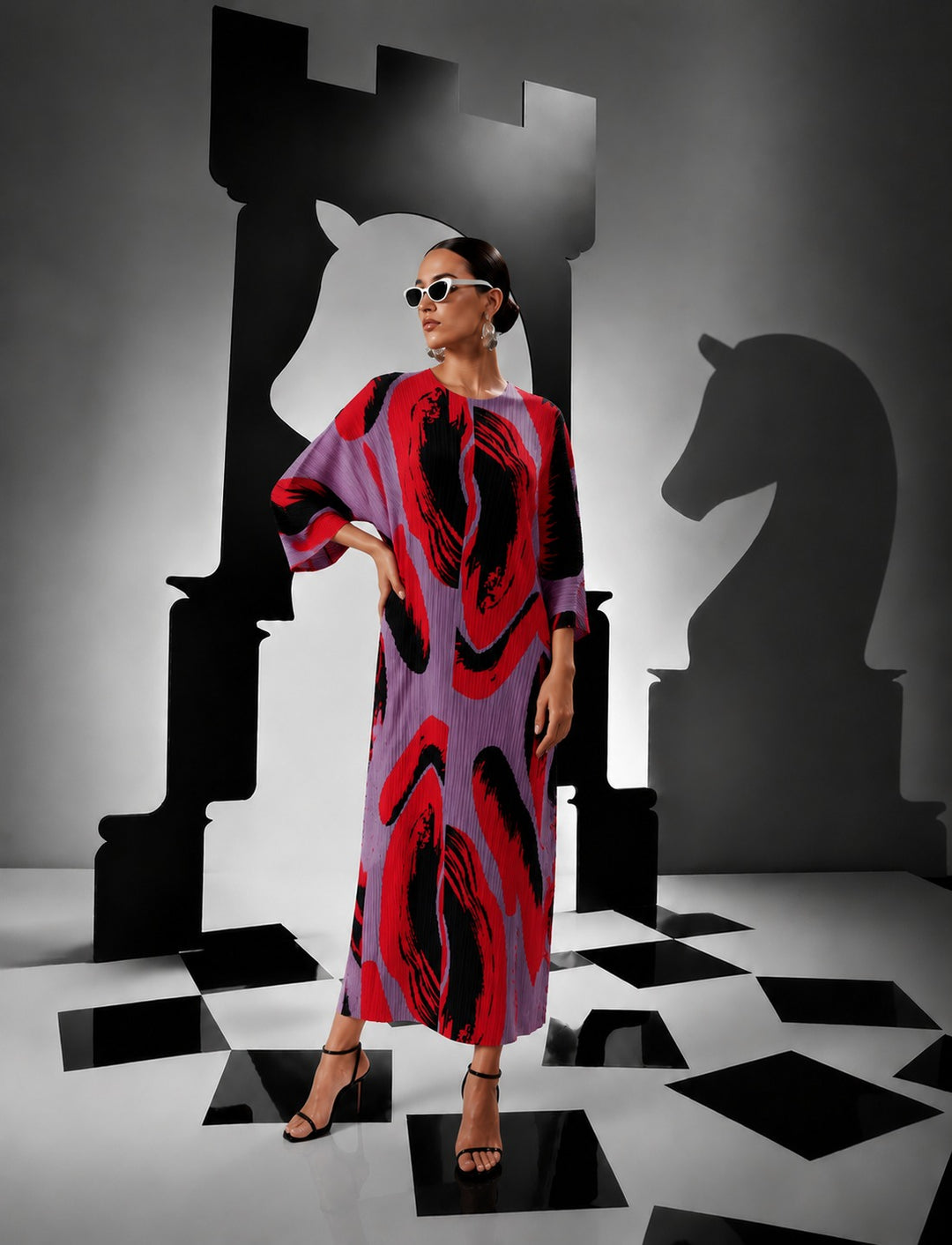 Wesley Voluminous Sleeve Plisse Dress - Abstract Purple