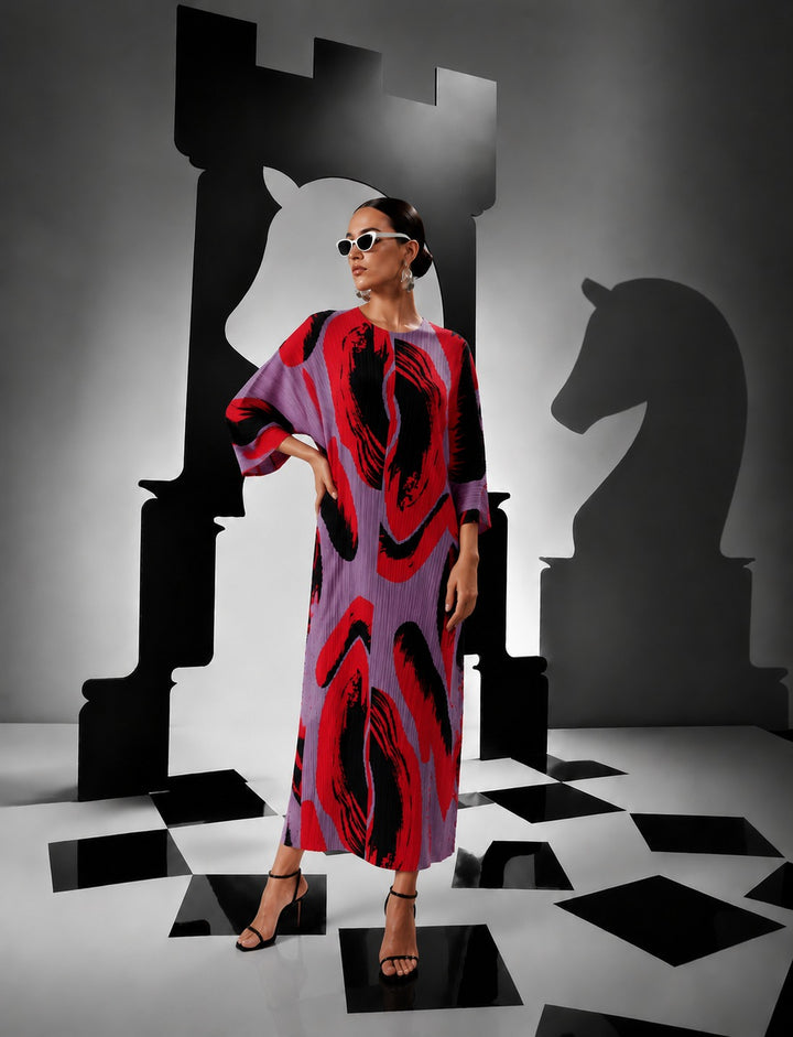 Wesley Voluminous Sleeve Plisse Dress - Abstract Purple