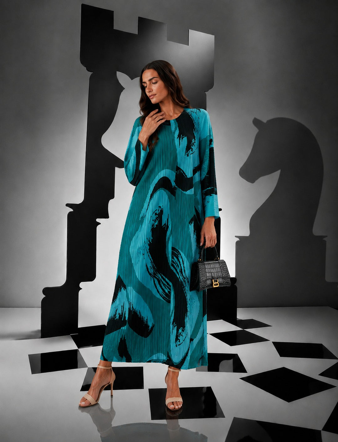 Wesley Voluminous Sleeve Plisse Dress - Abstract Green