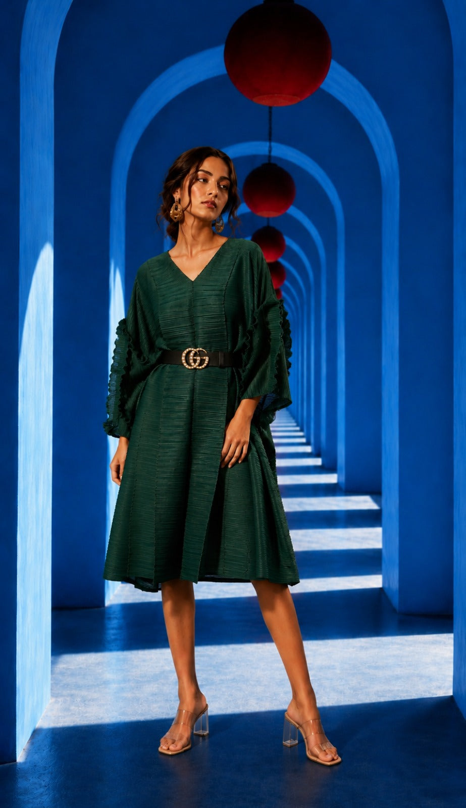 Ruffle Sleeve Dress - Green