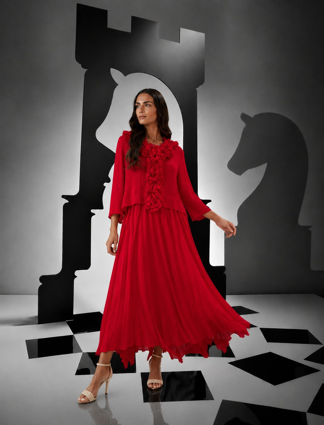Raspberry Ruffle Long Flared Dress - Rose