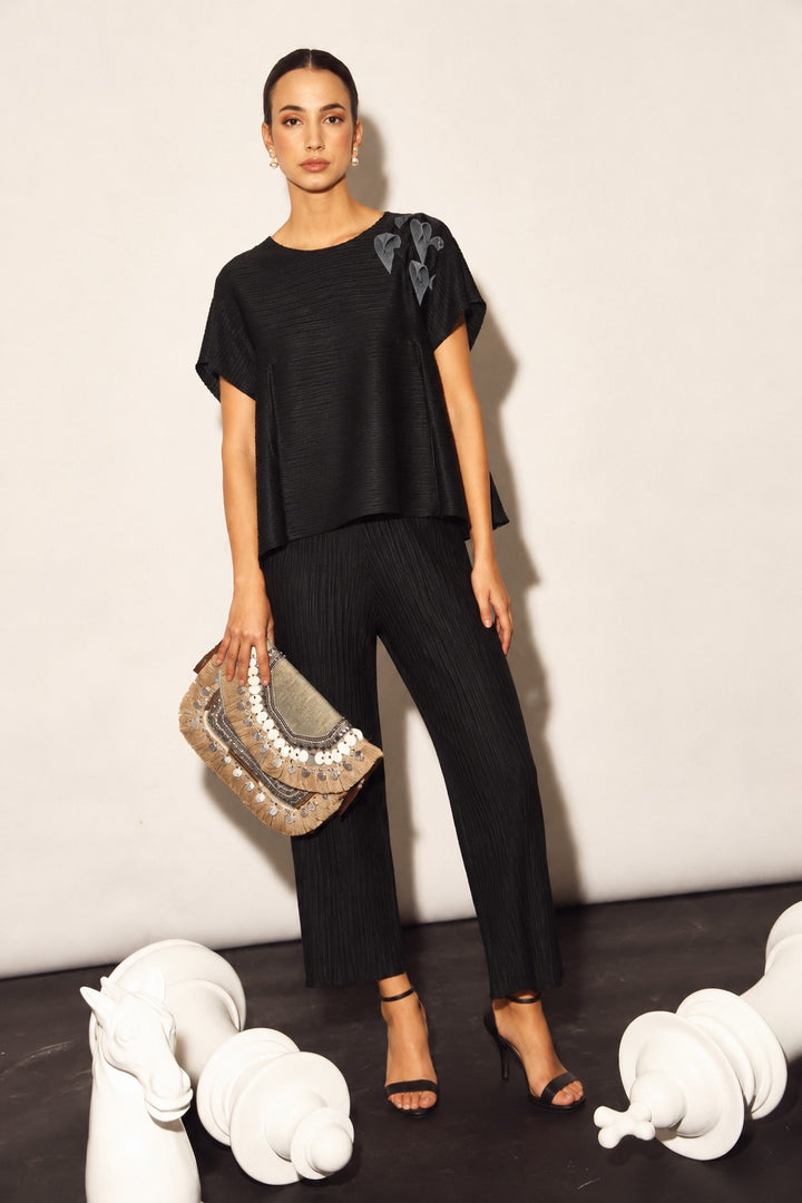 PLEATED CINCHED CO-ORD SET - BLACK