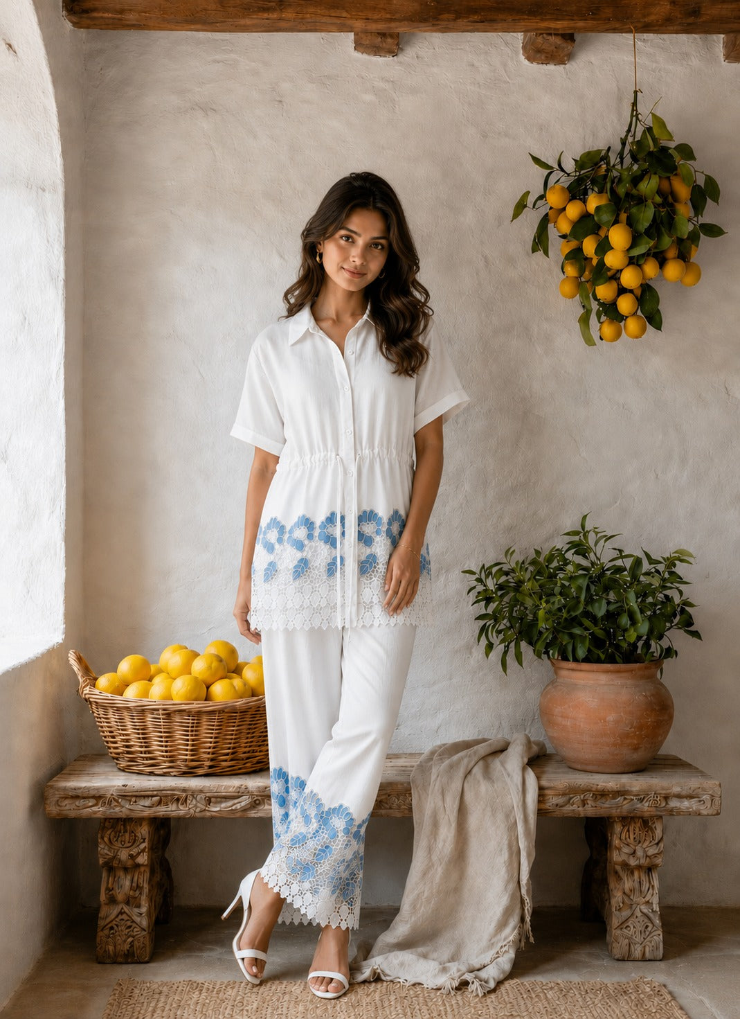Cameron Cotton Magnolia Coord Set - Ivory & Blue