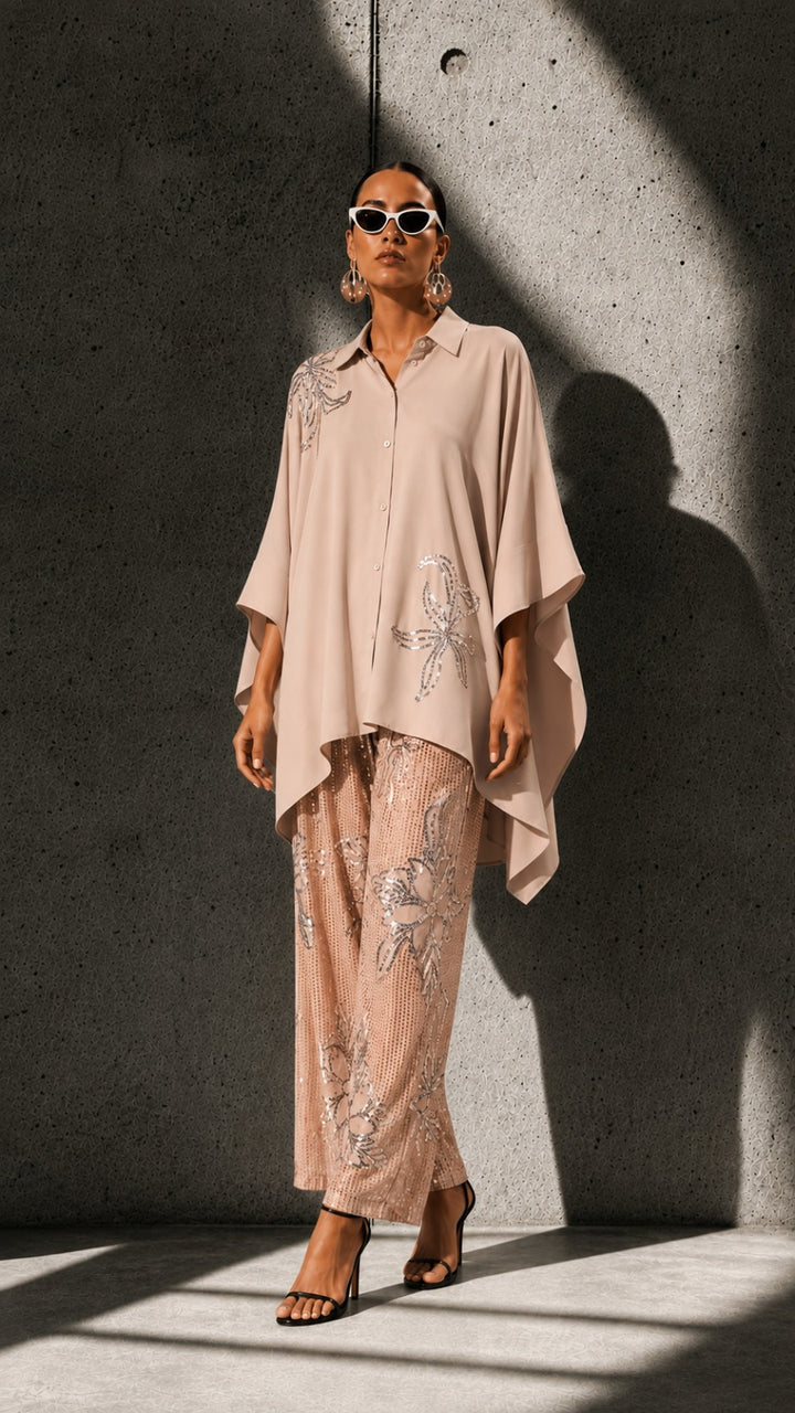 Bianca Borage Sequins Cape Set - Nude