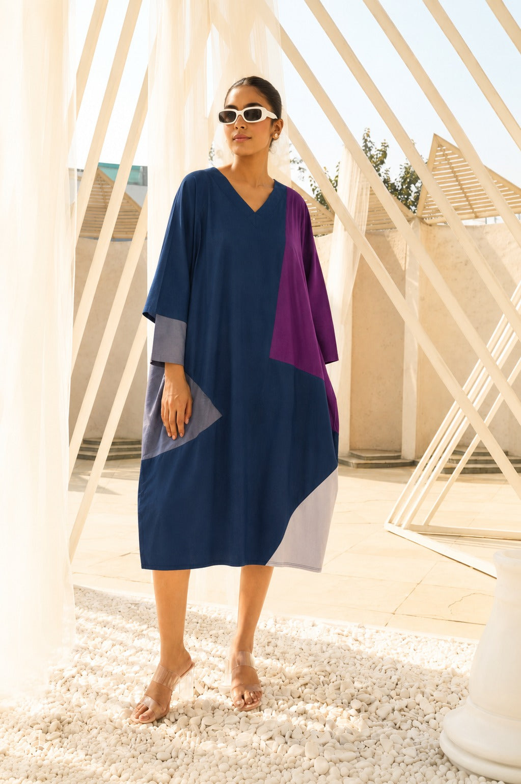 Cameron Cotton Patched Dress - Blue