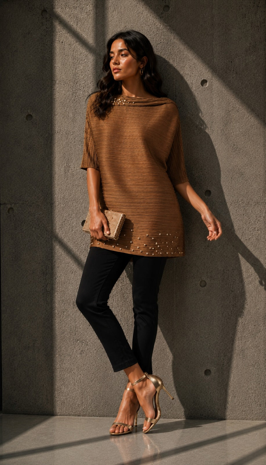 Turtle Top With Pearl Embellishment - Beige