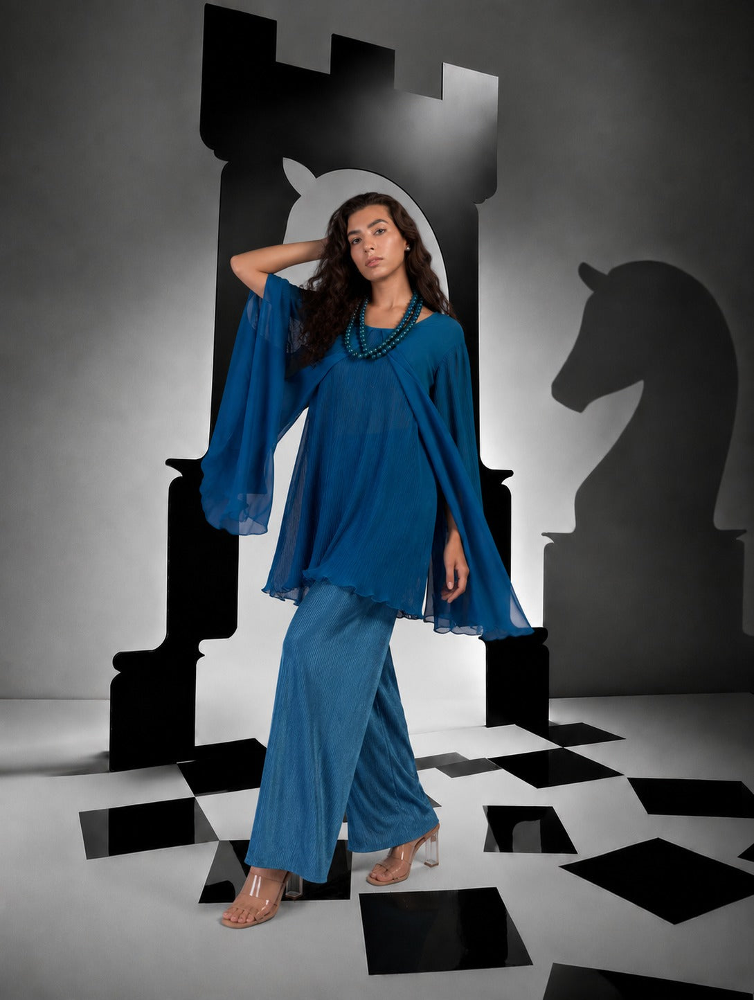 Plisse Layered Ruched Co-ord Set - Teal