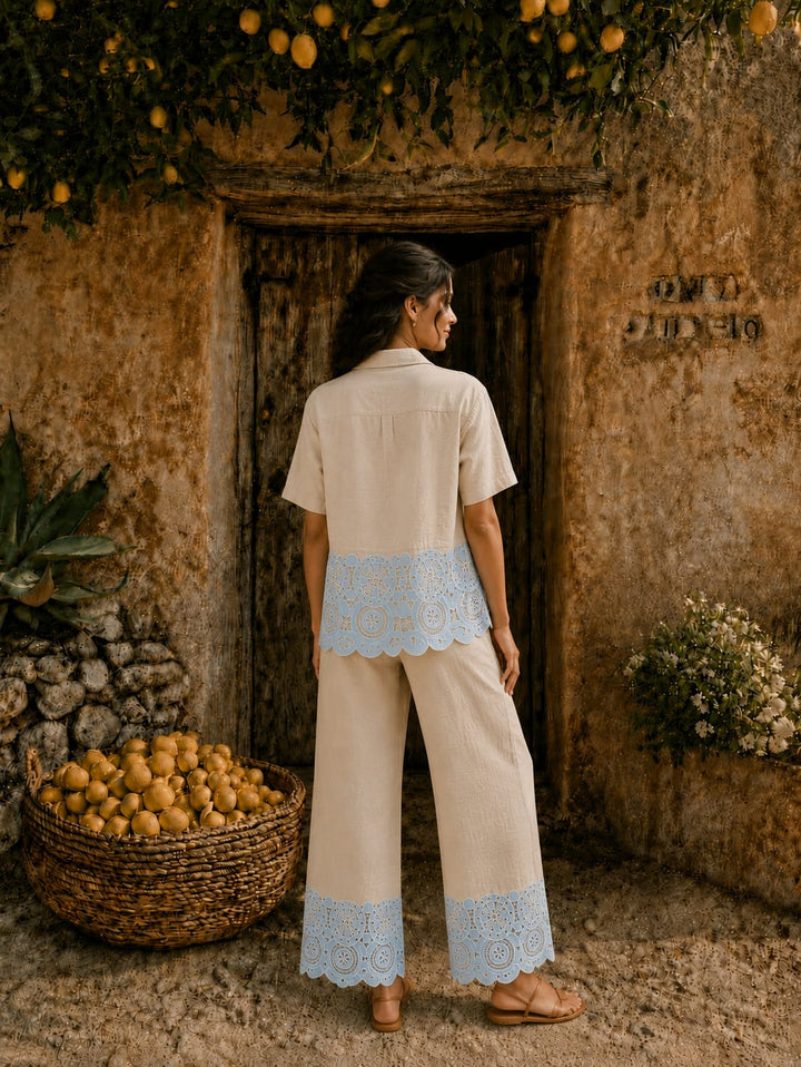 Cameron Cotton Cutwork Coord Set - Beige and Blue