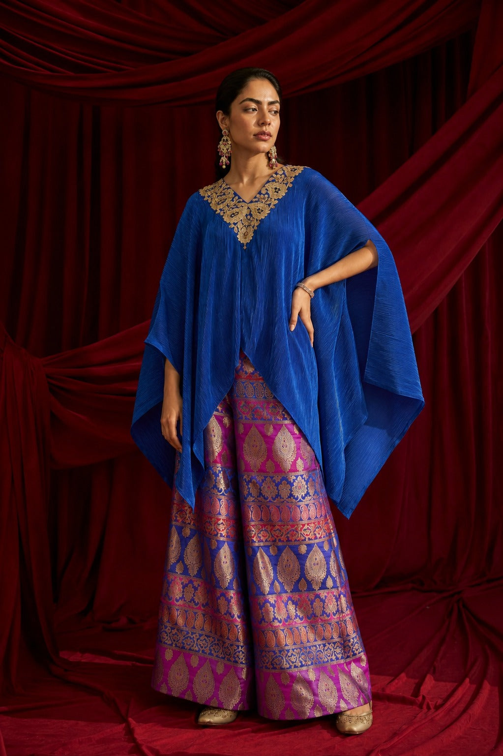 Divine V-Neck Embroidered Cape Set With Colorful Brocade Pant - Blue