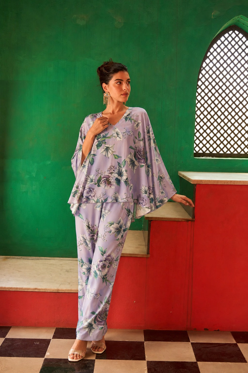 Sicily Satin Block Print Kaftan Co-ord Set - Green and Purple