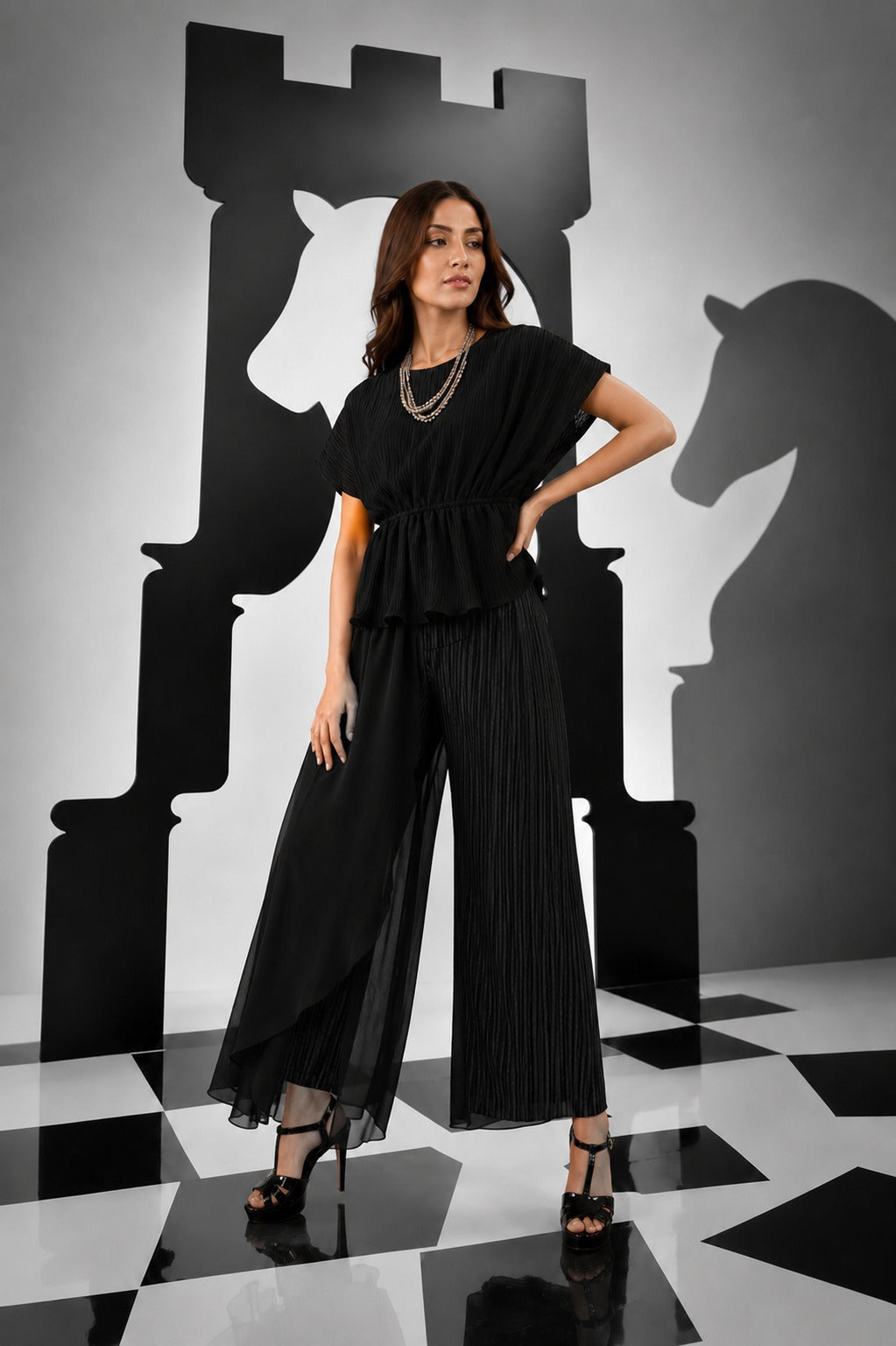 Pliśse Jade Black Co-ord Set with Ruched Top with pants