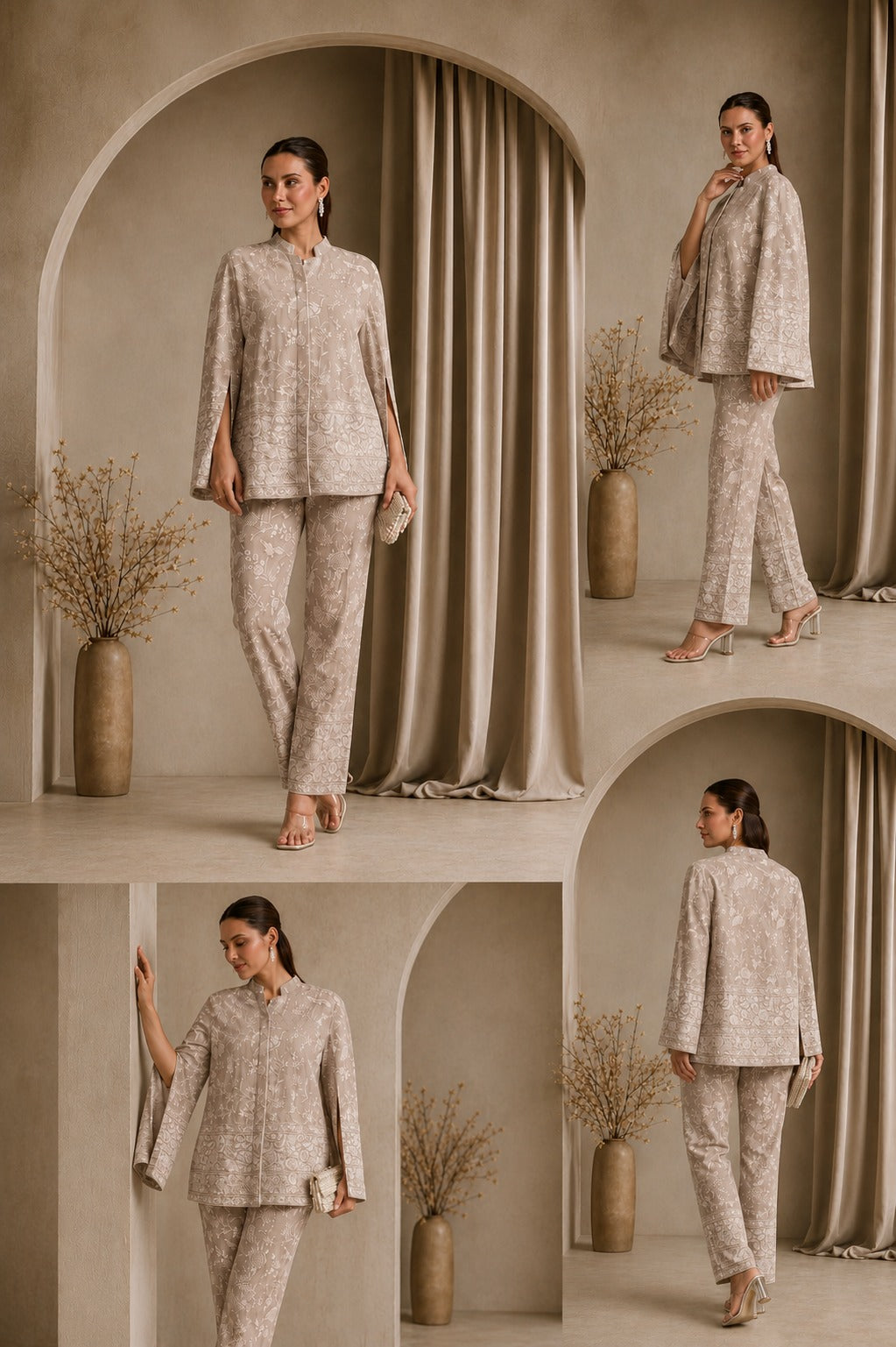 REYNA GARA GLAZED CAPE JACKET WITH COORDINATED PANTS - BEIGE