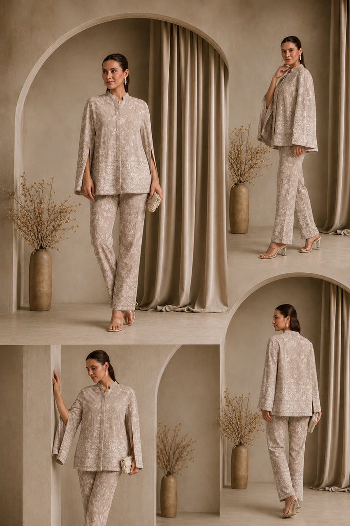 REYNA GARA GLAZED CAPE JACKET WITH COORDINATED PANTS - BEIGE