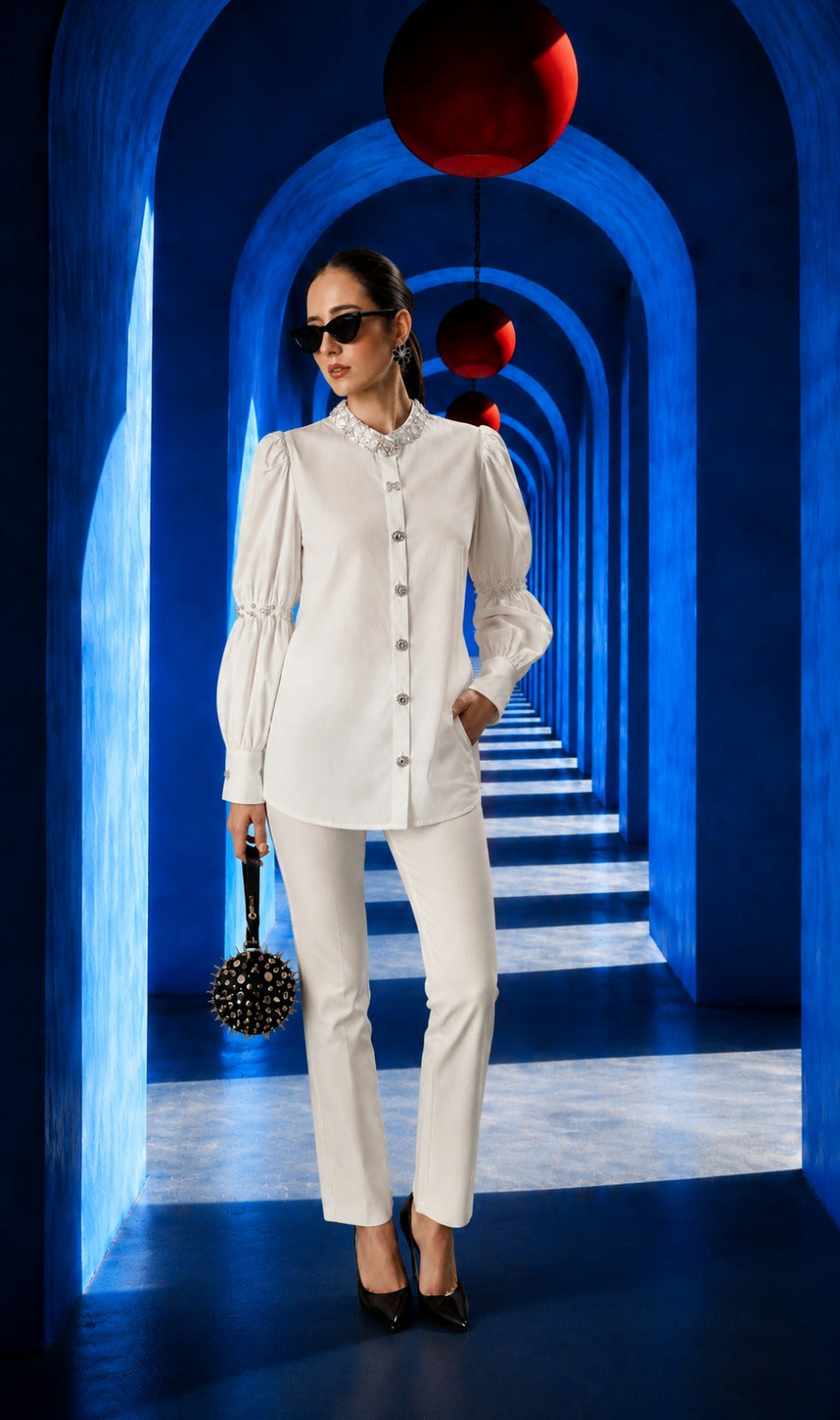 BEATRIX BEJEWELLED PUFFY SLEEVE- WHITE