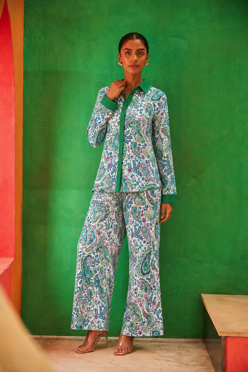 Siciley Satin Calico Co-ord Set - Green Magic