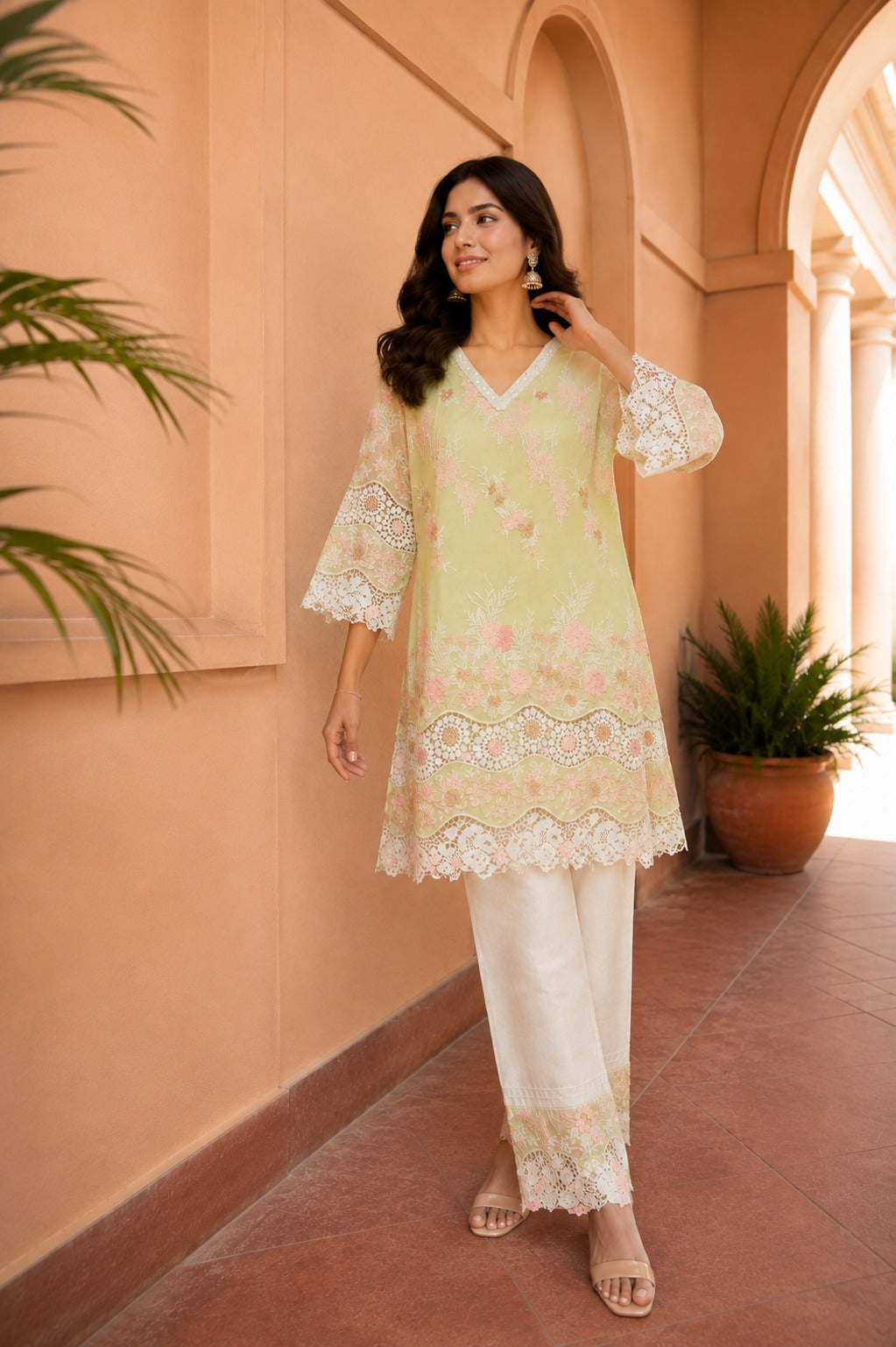 Myra Mesh Floral Lace Kurta With Pants -Yellow Rose