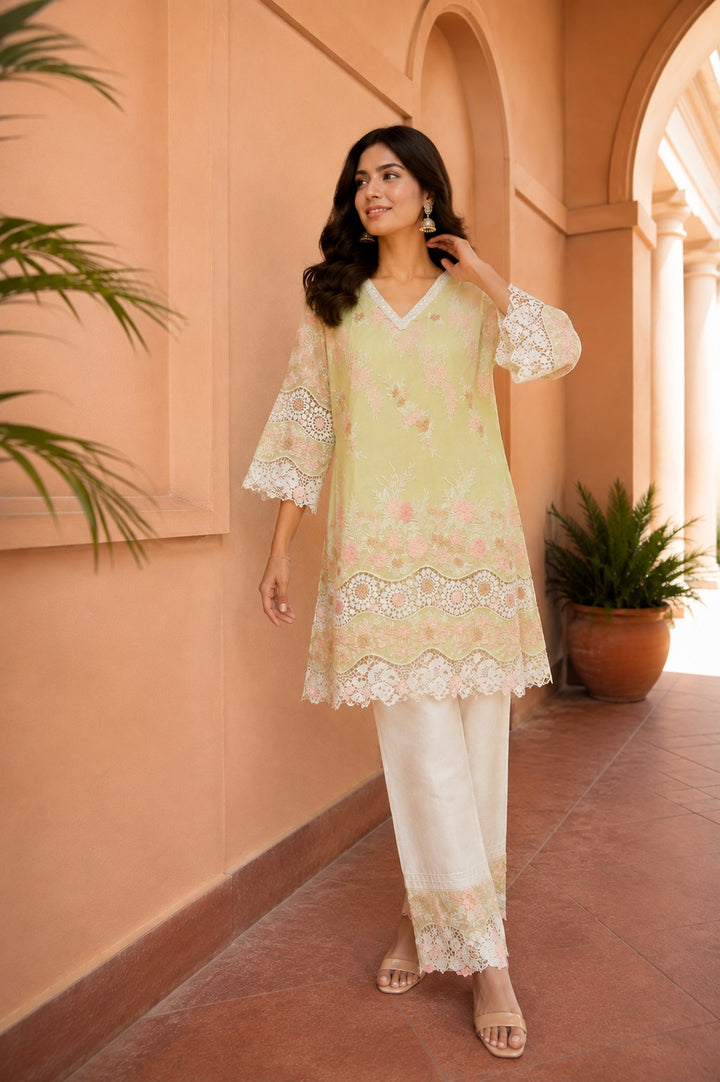 Myra Mesh Floral Lace Kurta With Pants -Yellow Rose