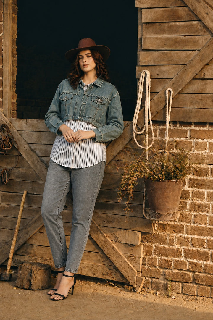 Daryl Striped Shirt with Denim Jacket - Black & White