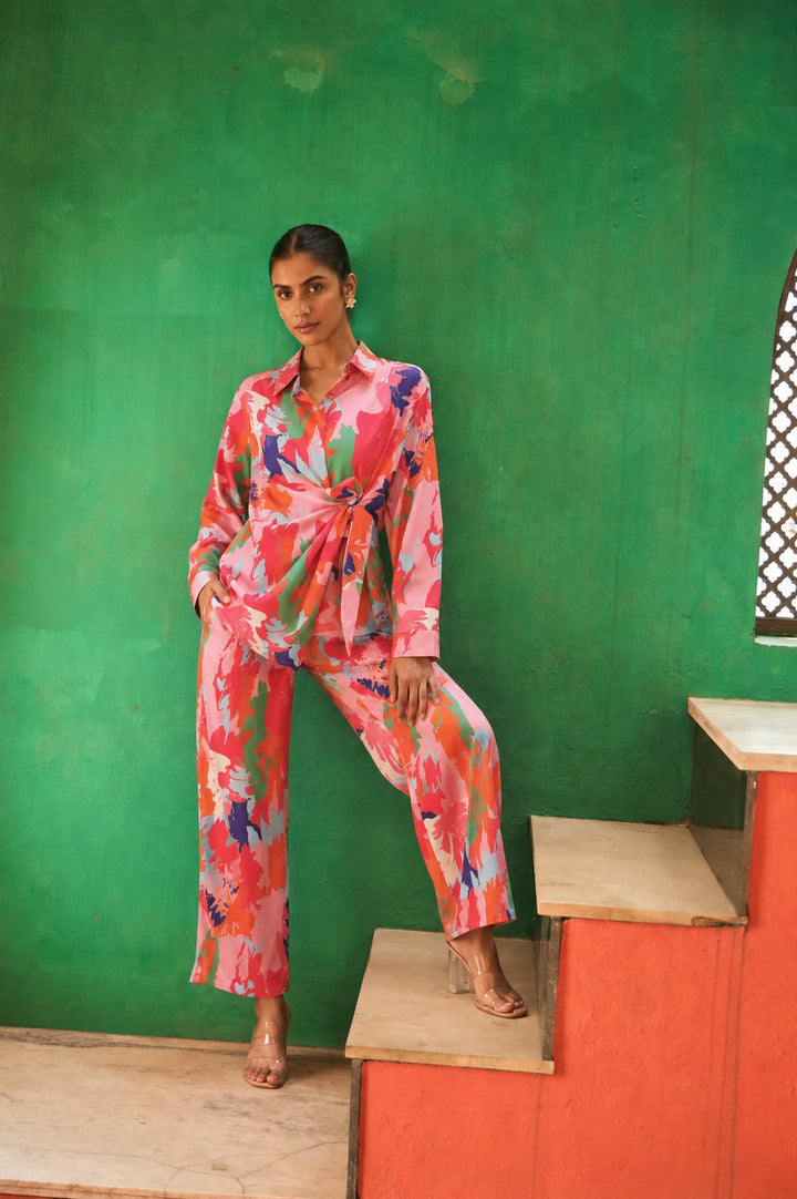 Siciley Satin Botanical Co-ord Set- Pink Fun
