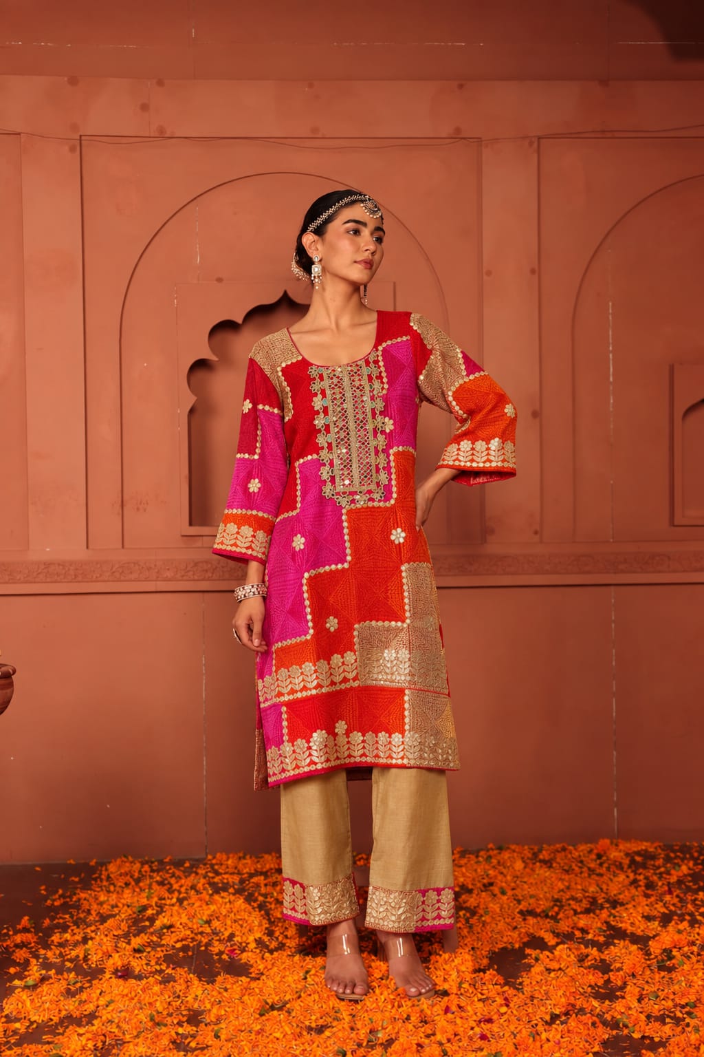 Mehr Zari Set - Red & Pink