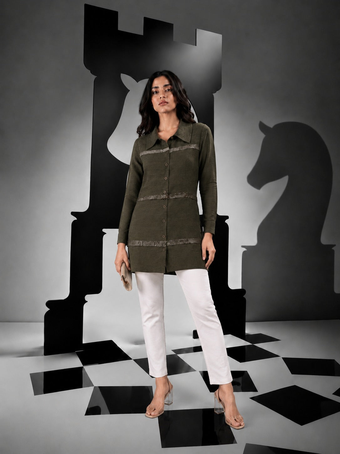 PURFLE PERIPHERY BUTTON UP SHIRT - OLIVE GREEN