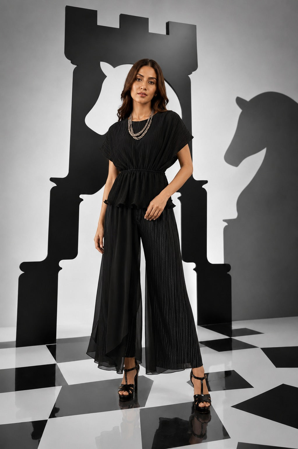 Pliśse Jade Black Co-ord Set with Ruched Top with pants