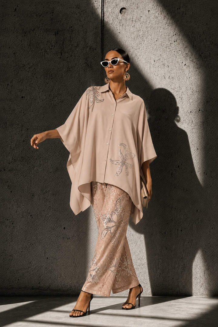 Bianca Borage Sequins Cape Set - Nude