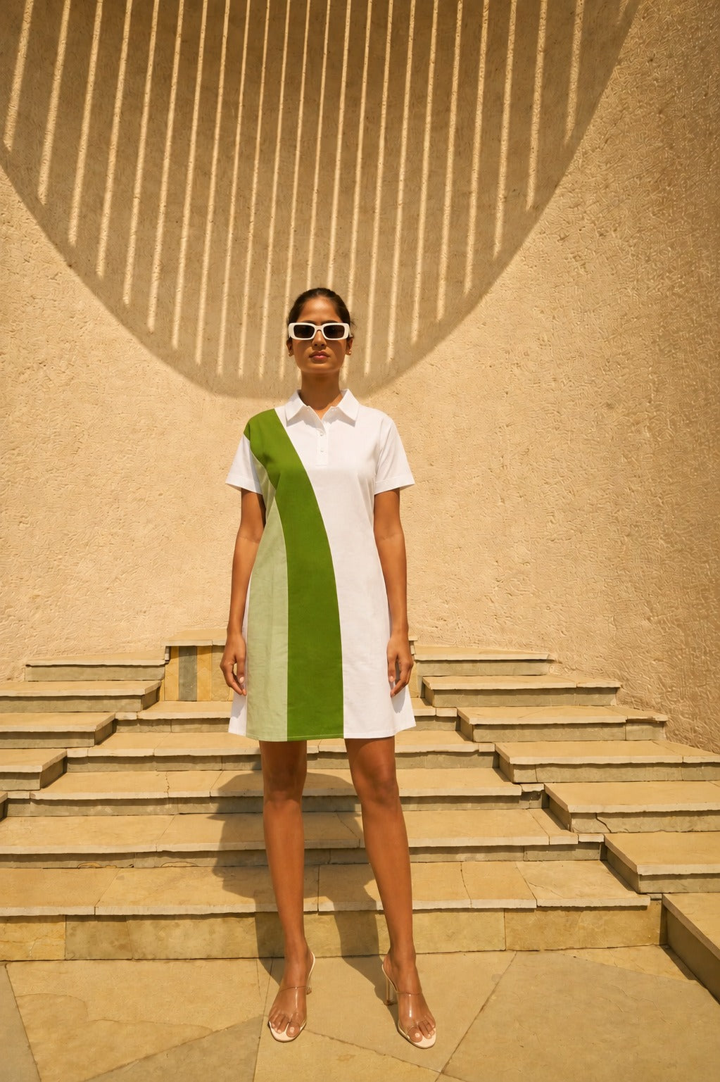 Cameron Cotton Wave Shirt Dress - White and Green