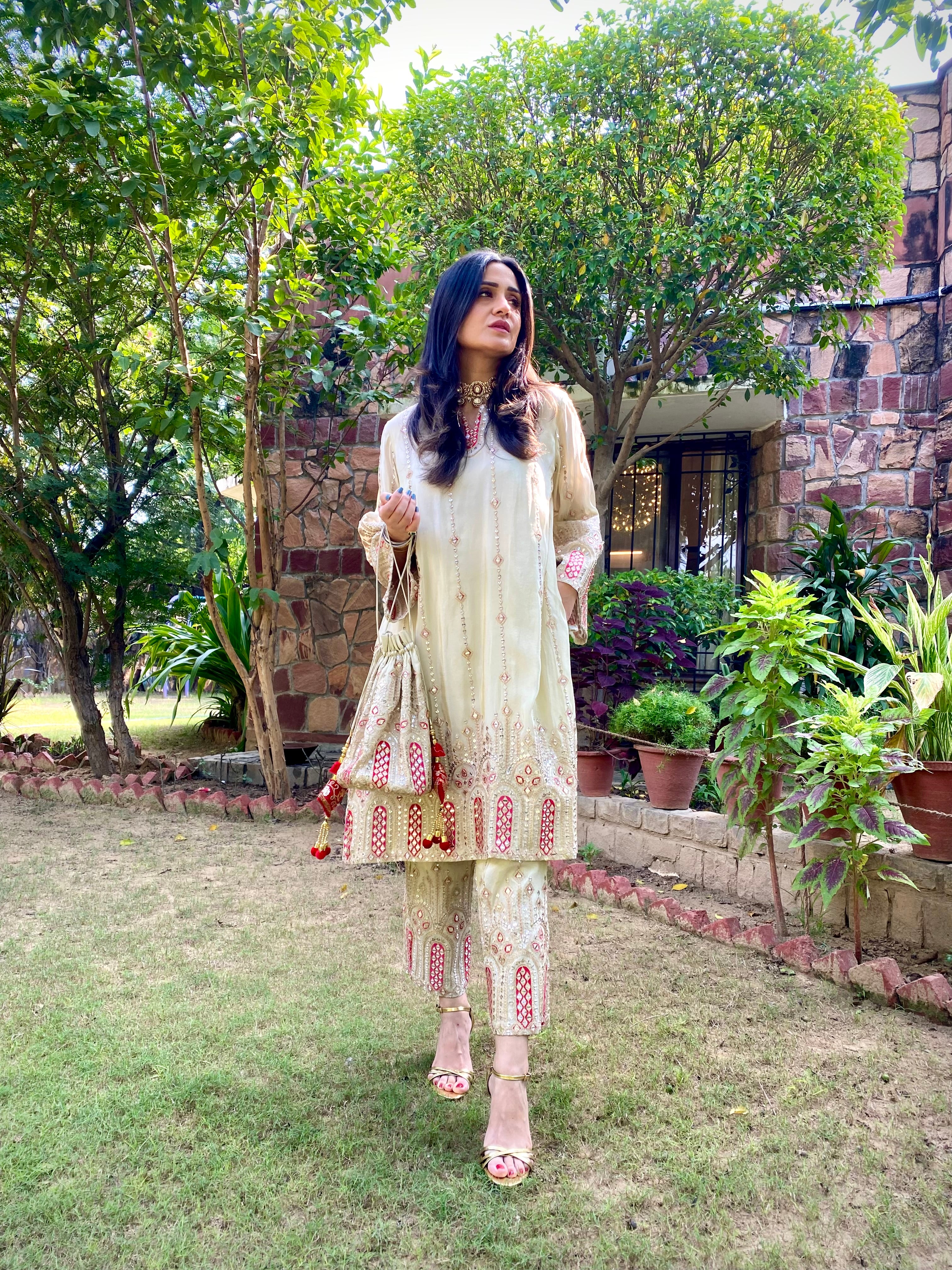 Tissue 3 Piece Kurta Set - Ivory