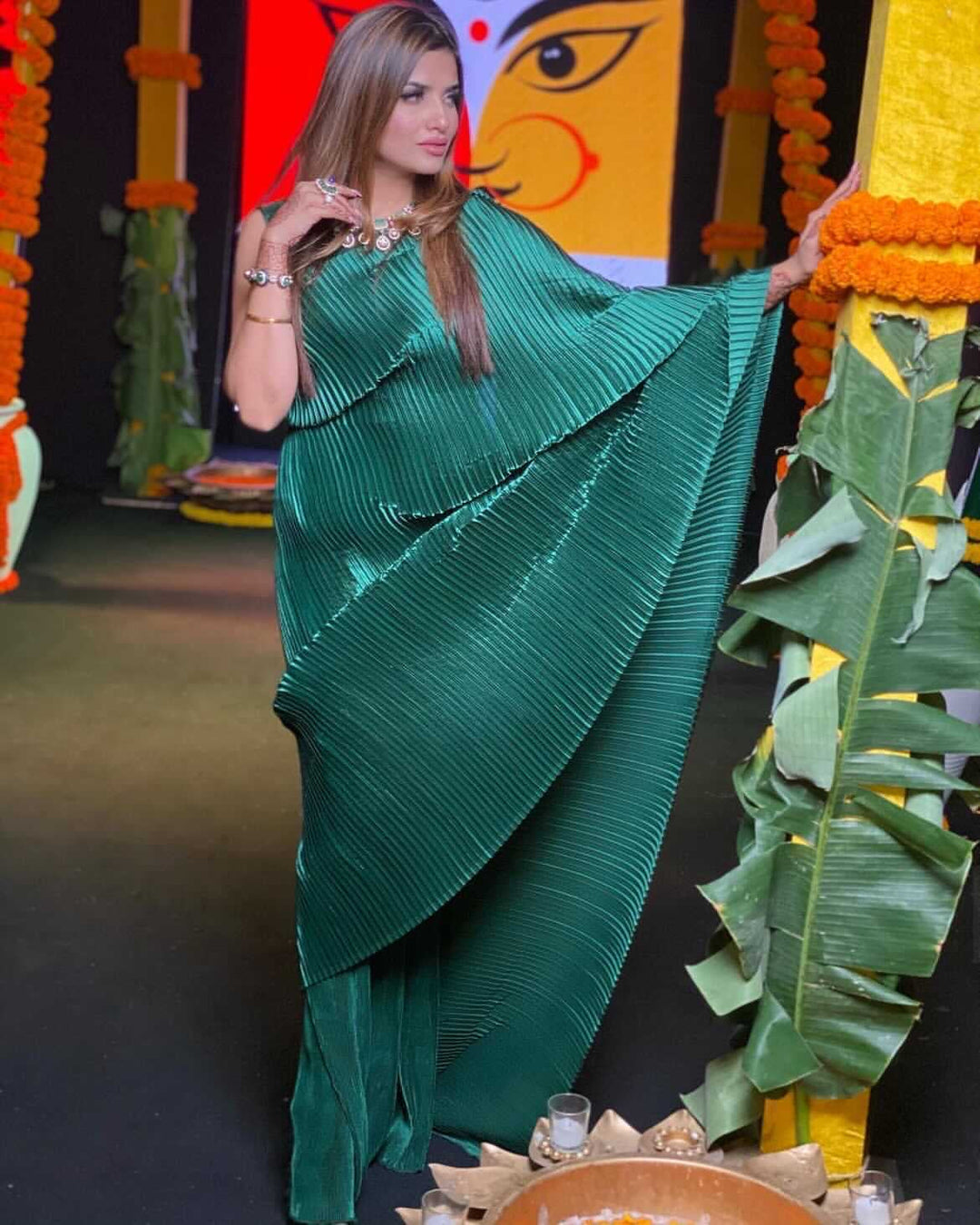 Guneet Virdhi in our Classy Pleated Gown Saree - Green