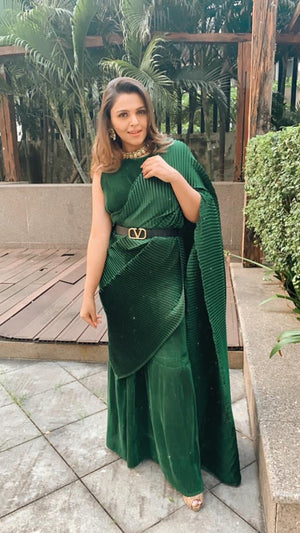 Classy Pleated Gown Saree - Emerald Green