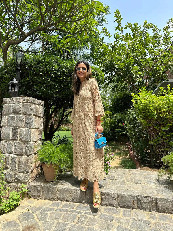 Beige Cotton Schiffli Dress