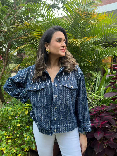 Mitali Wadhawa Dark Blue Sequins Denim Jacket