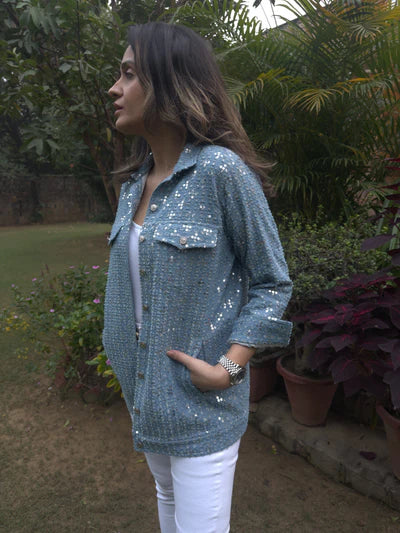 Mitali Wadhawa Light Blue Sequins Denim Shirt