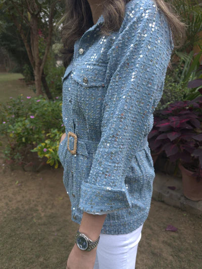 Mitali Wadhawa Light Blue Sequins Denim Shirt