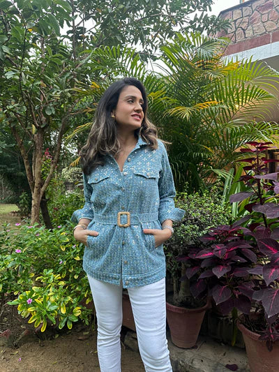 Mitali Wadhawa Light Blue Sequins Denim Shirt