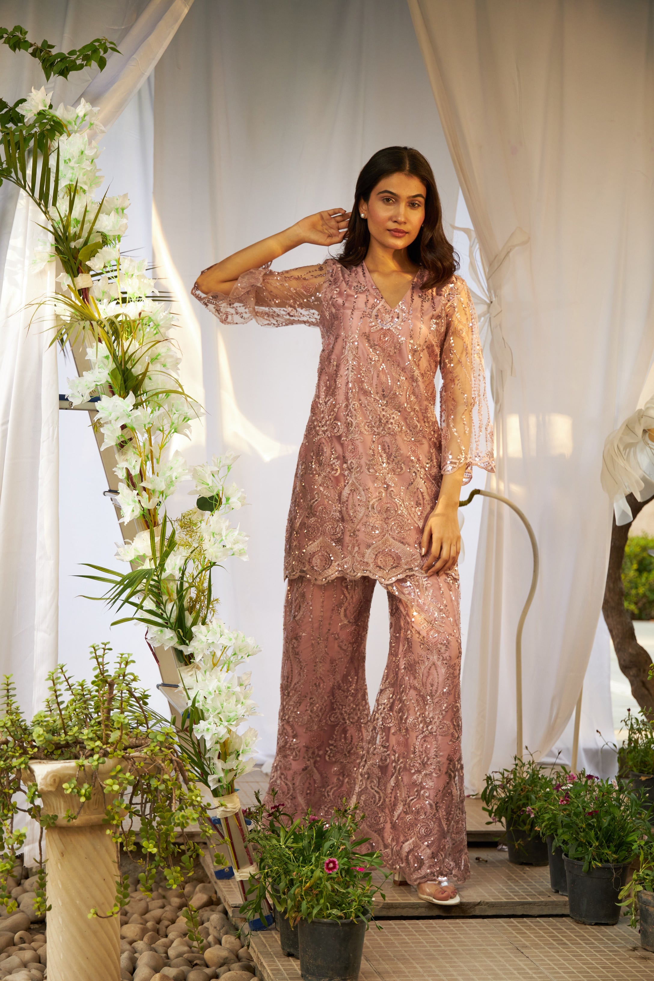 Seraphic Sequins Tunic Co-ordinated with Flared Sequins Pants- Onion Pink