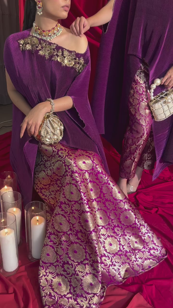 Divine Embroidered Cape with Brocade Pants - Hibiscus