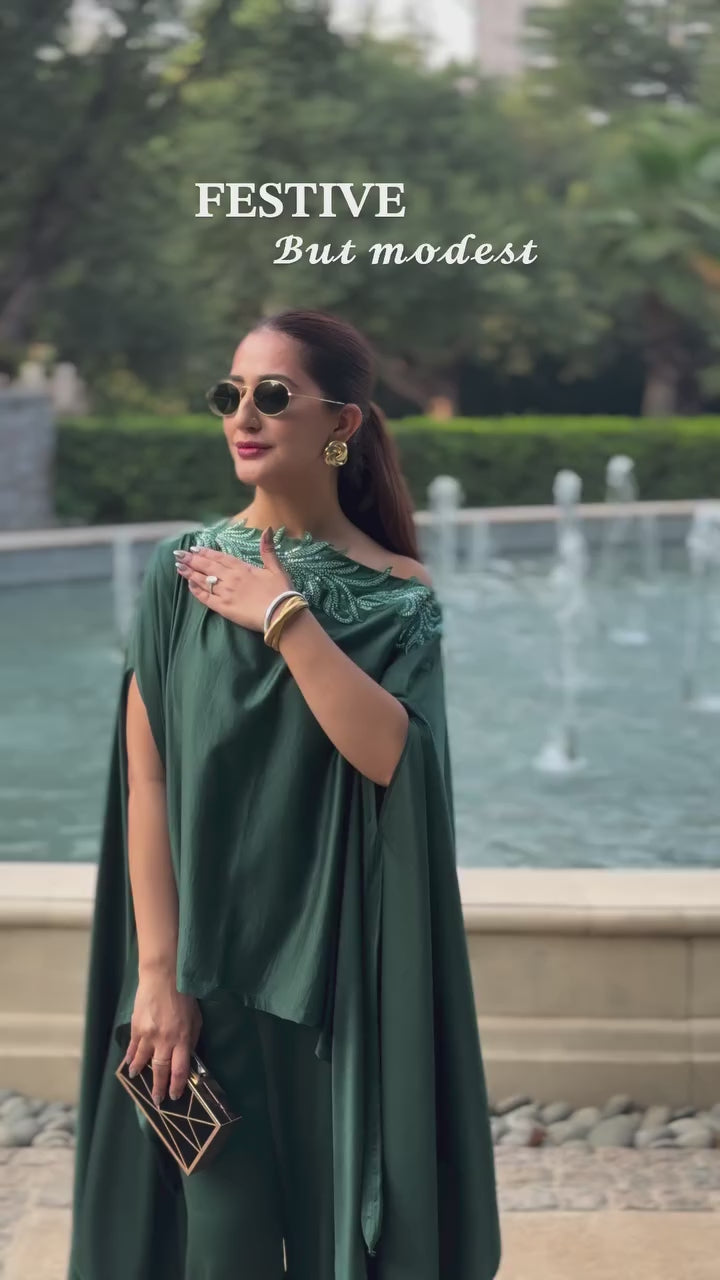 Tripti Gulati in Divine Sequins Embroidered Cape Co-ordinated with Pants - Emerald Green