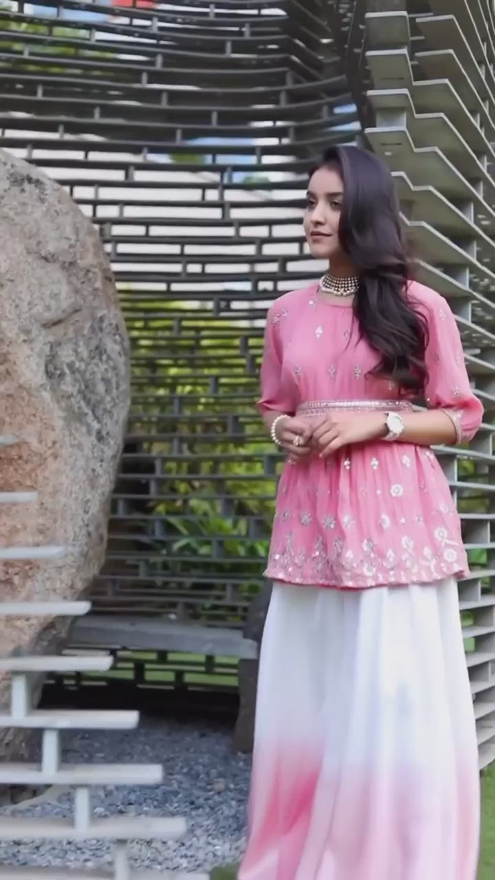 SHIVANI GIRDHAR in our ISABELLA PLEATED PEPLUM TOP WITH OMBRE ORGANZA SHARARA AND BELT - BLUSH PINK