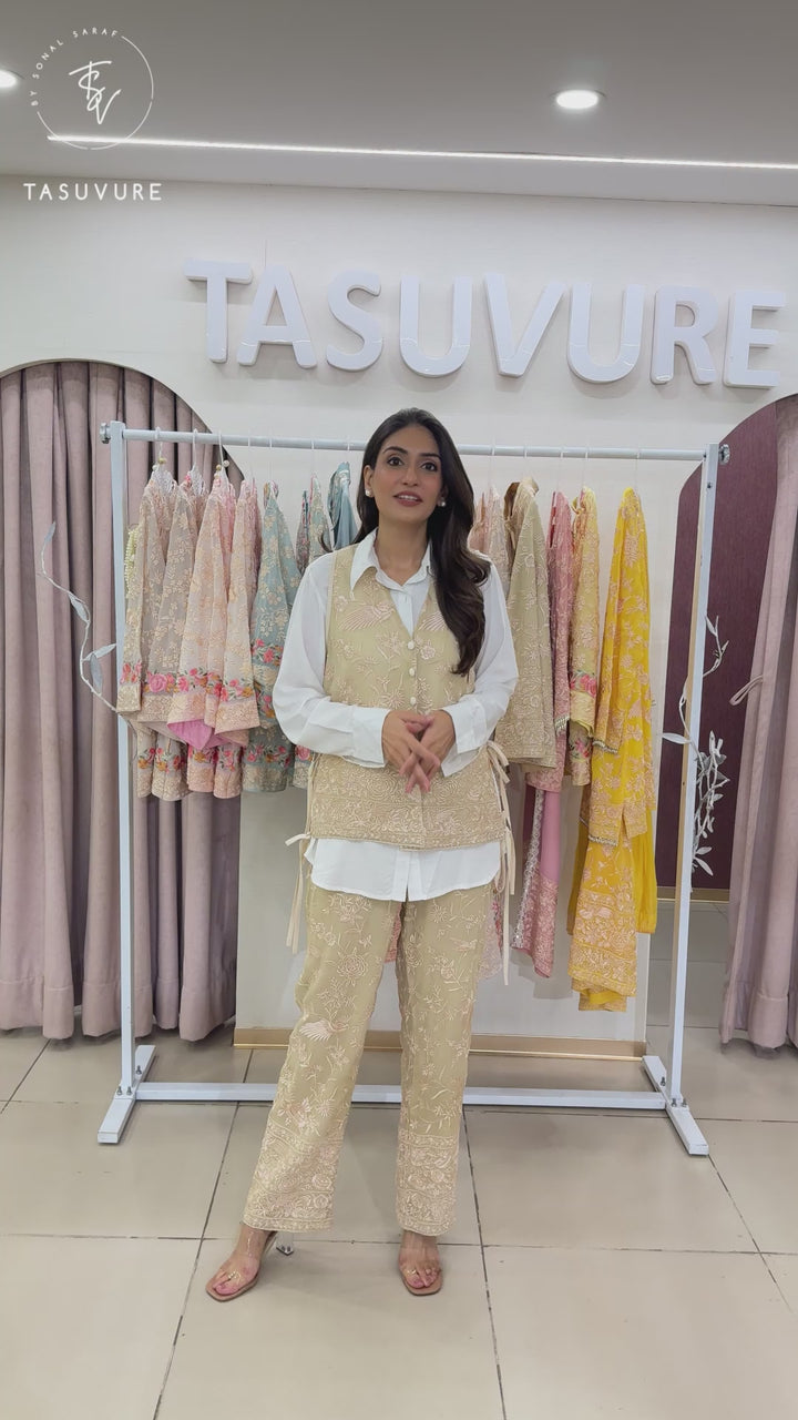 Reyna Gara Glazed Waist Coat With Coordinated Pants - Beige