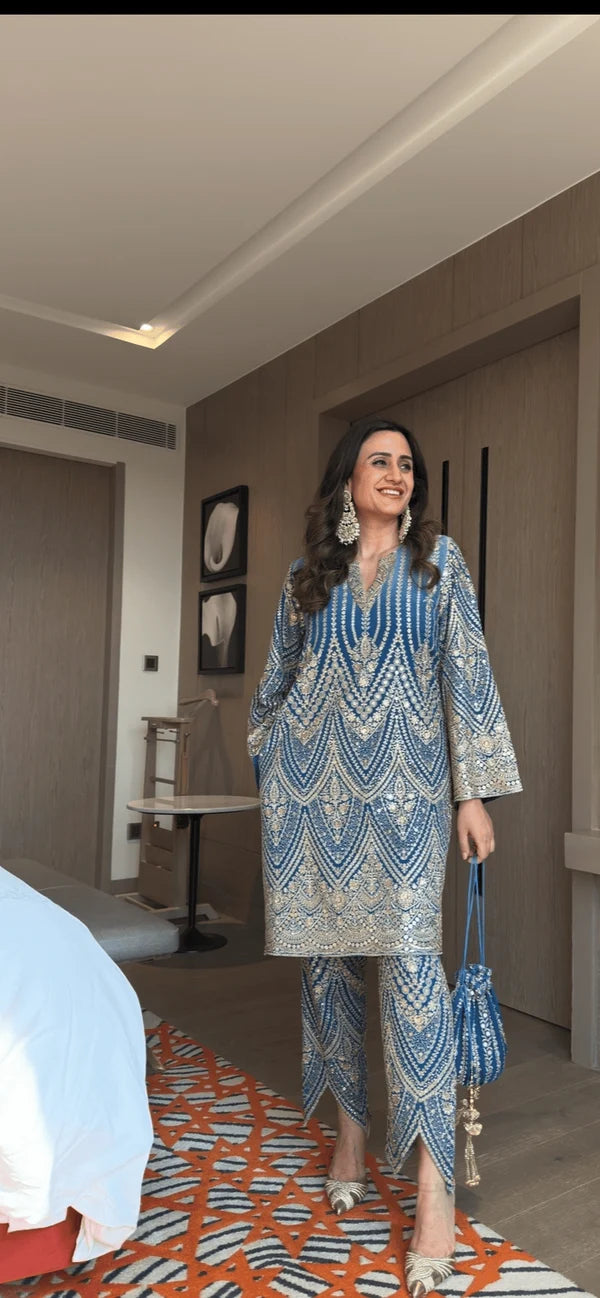 ZAREEN EMBELLISHED KURTA SET- BLUE