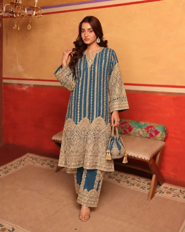 EMBELLISHED KURTA SET- BLUE