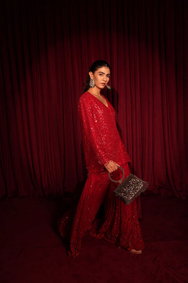 Inaari Red Embroidered Sharara Set