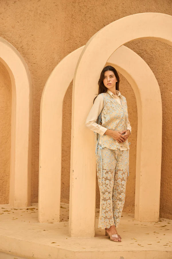 MYRA MESH MAGNOLIA WAISTCOAT PANT SET - BLUE