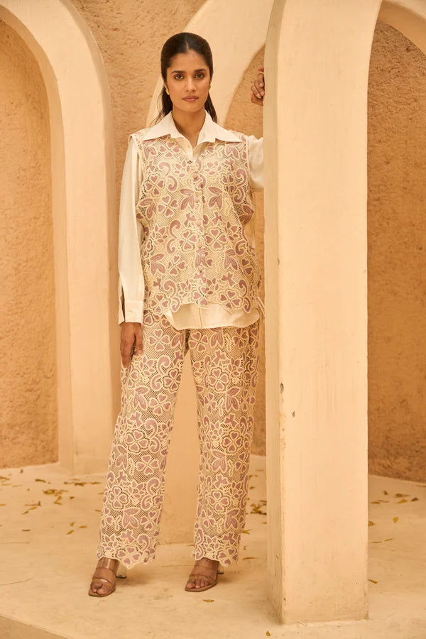 MYRA MESH MAGNOLIA WAISTCOAT PANT SET - PINK