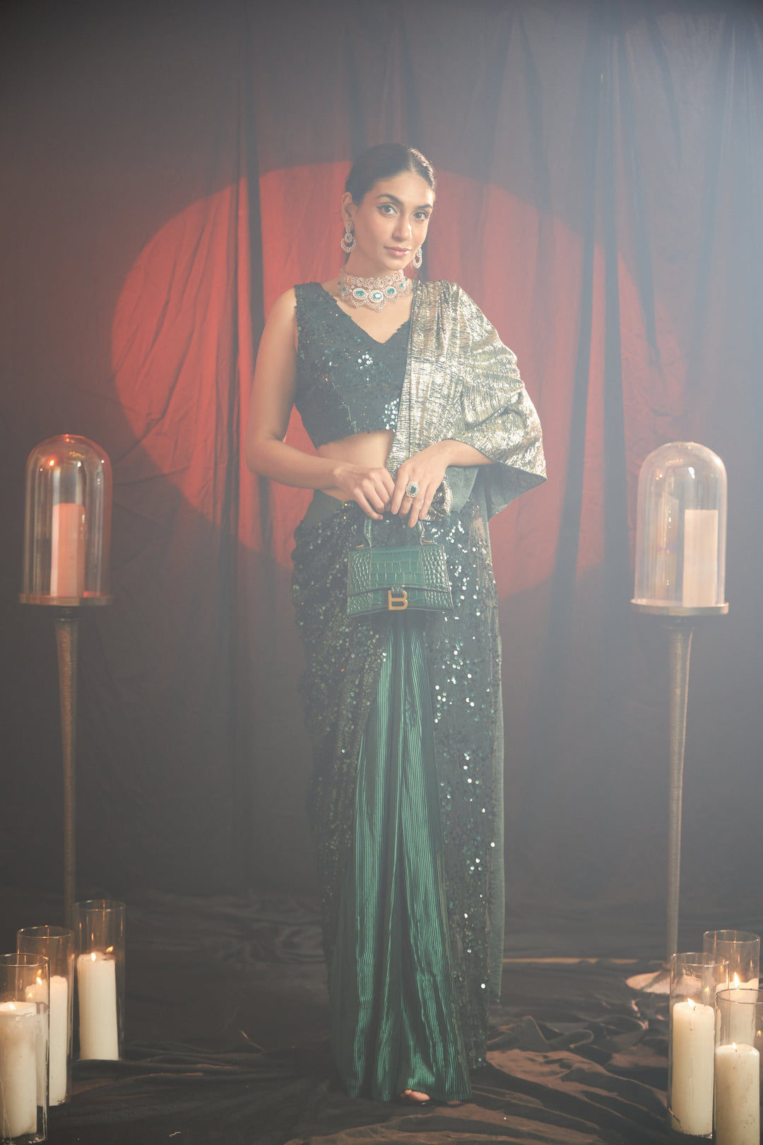 Charmaine Drape Saree with Sequins Blouse - Emerald Green