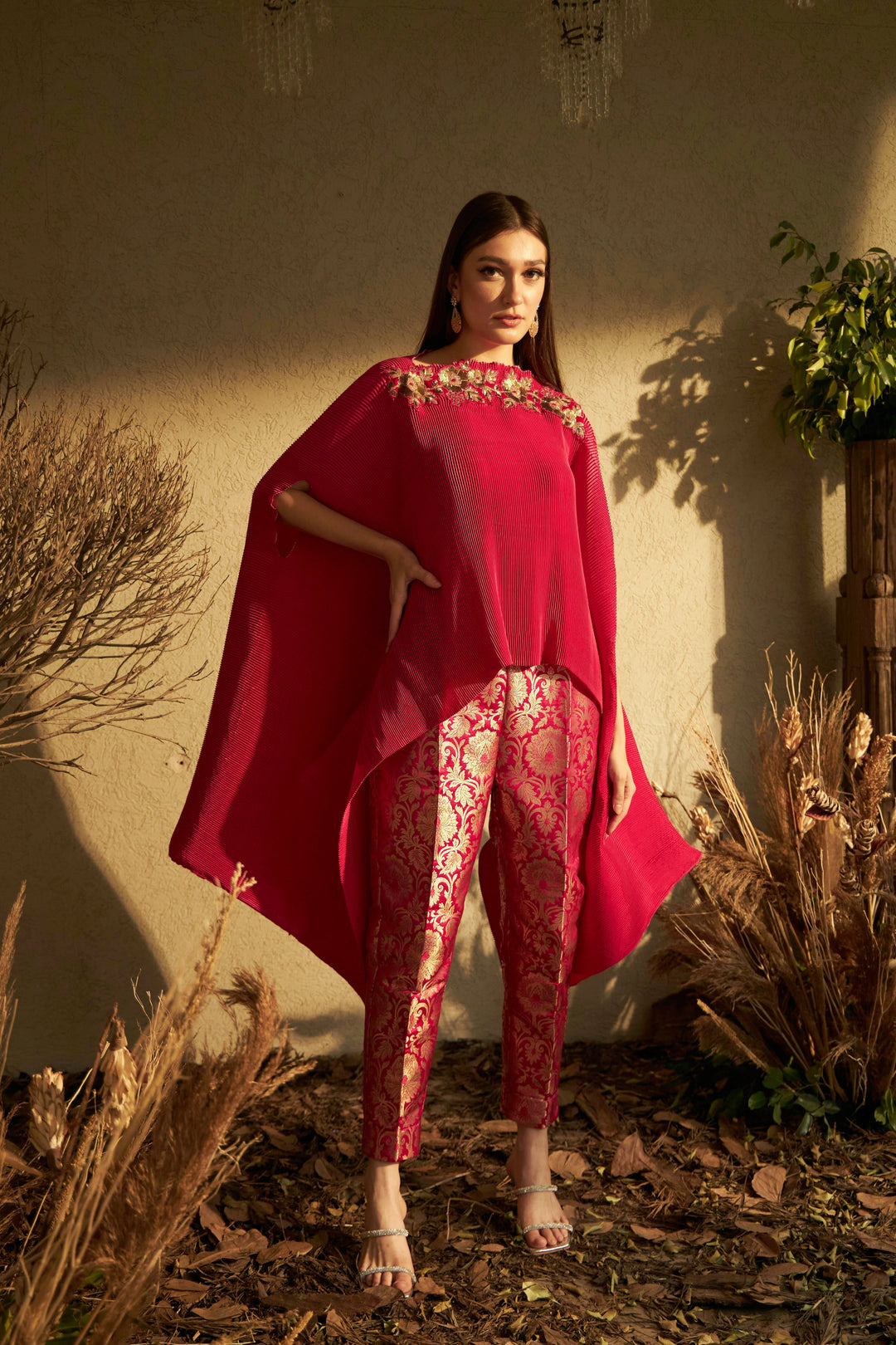 Divine Embroidered Cape with Brocade Pants - Magenta