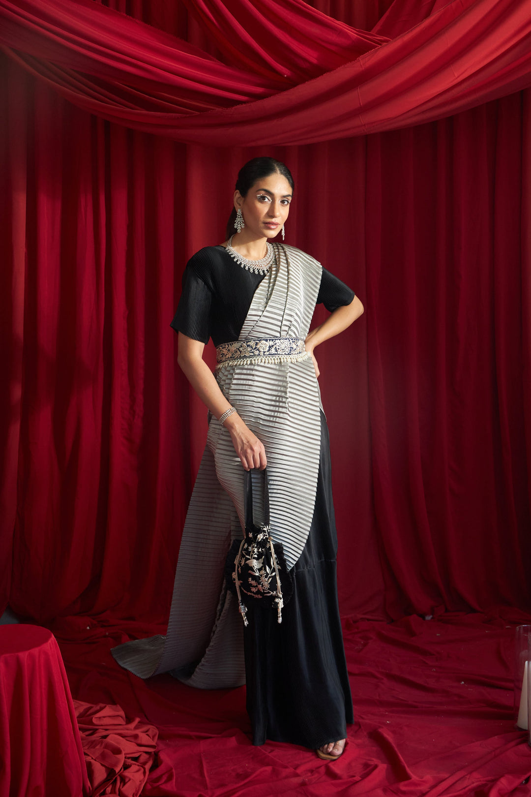 Reyna Glazed Classy Pleated Color Block Gown Saree with Gara Belt - Black & Grey